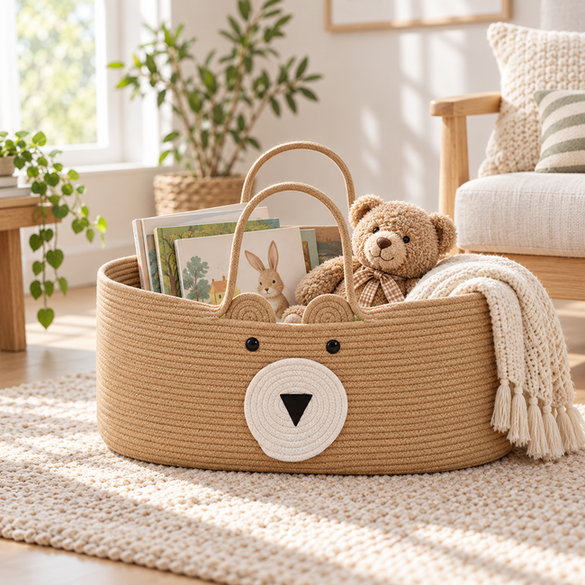 Cute Bear Shaped Woven Baby Moses Basket, Portable Cotton Rope Baby Carry Cradle with Dual Handles for Newborn, Nursery Decor -ZENG-091602 Main Image