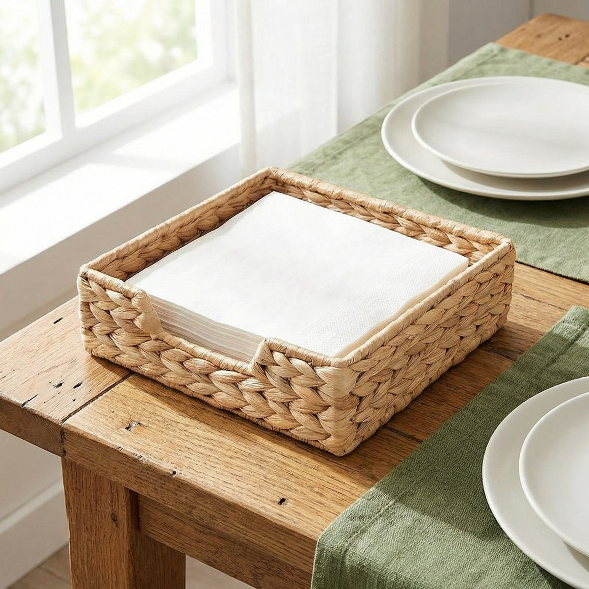 Woven Napkin Holder Basket – Square Tabletop Tissue & Paper Napkin Organizer with Metal Frame for Kitchen & Dining Table-cc-092005