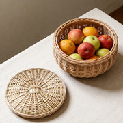 Wicker Bread & Fruit Basket with Lid – Round Rattan Storage Basket for Kitchen Countertop & Dining Table-cc-092407