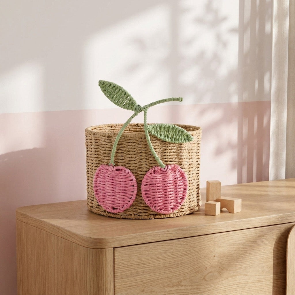 Cherry Woven Storage Basket, Cute Round Organizer Bin for Desk, Nursery, Bedroom & Kids Room-cc-091812