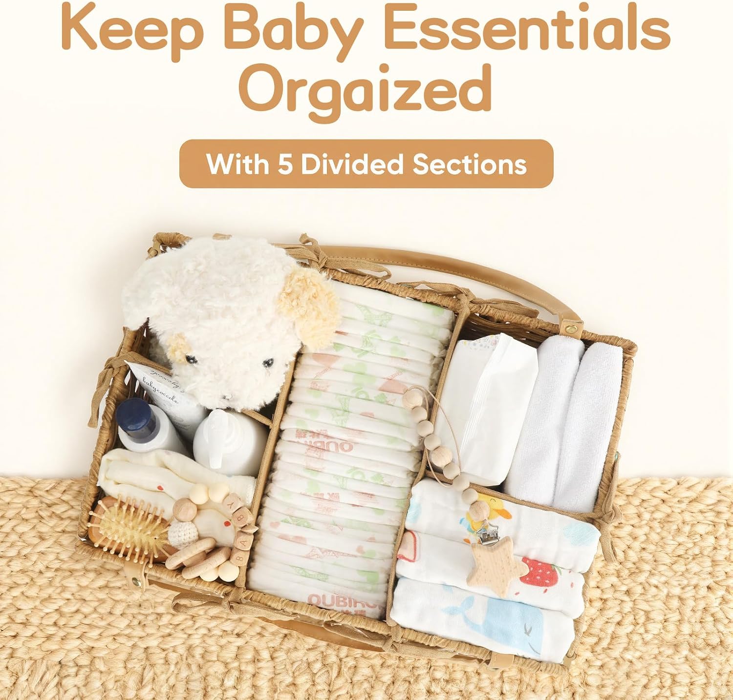Diaper Caddy Organizer - Hand Rattan Nursery Storage Basket for Baby