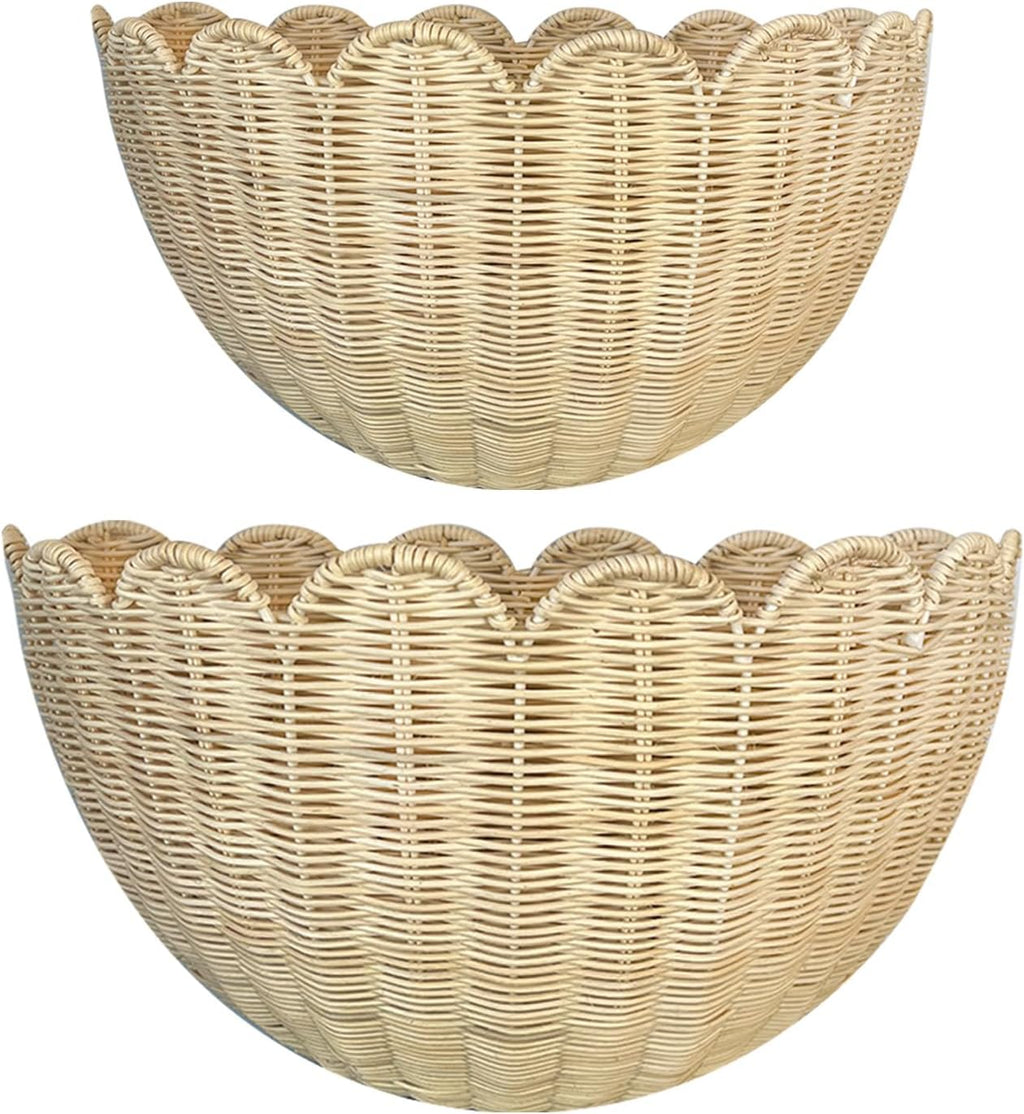 Cesta de pared festoneada - Juego de cestas de pared de mimbre colgantes tejidas a mano de 2 piezas