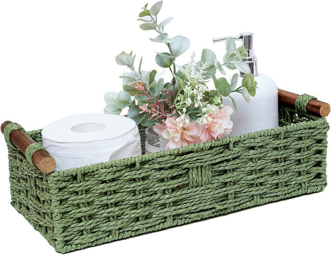 Cesta redonda de almacenamiento de cuerda de papel verde con asa Hover Image