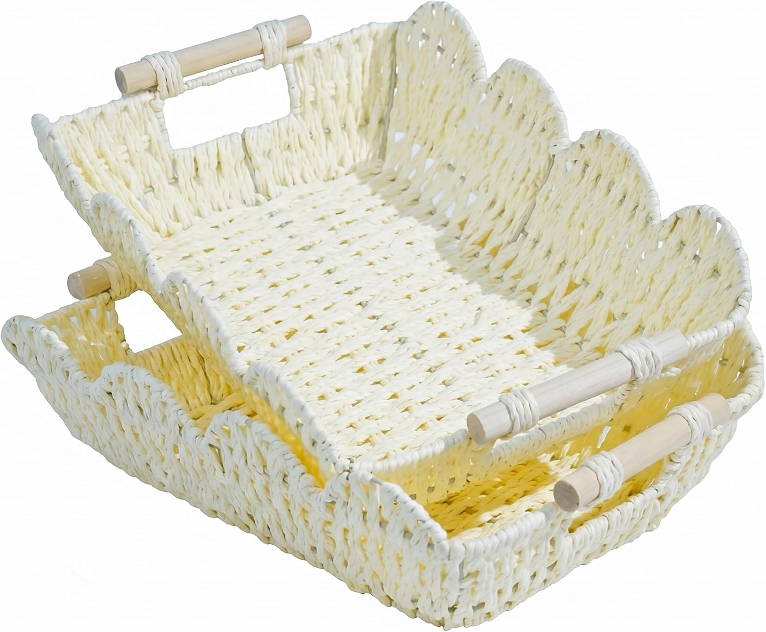 Scalloped Gift Baskets with Wooden Handles - Set of 2