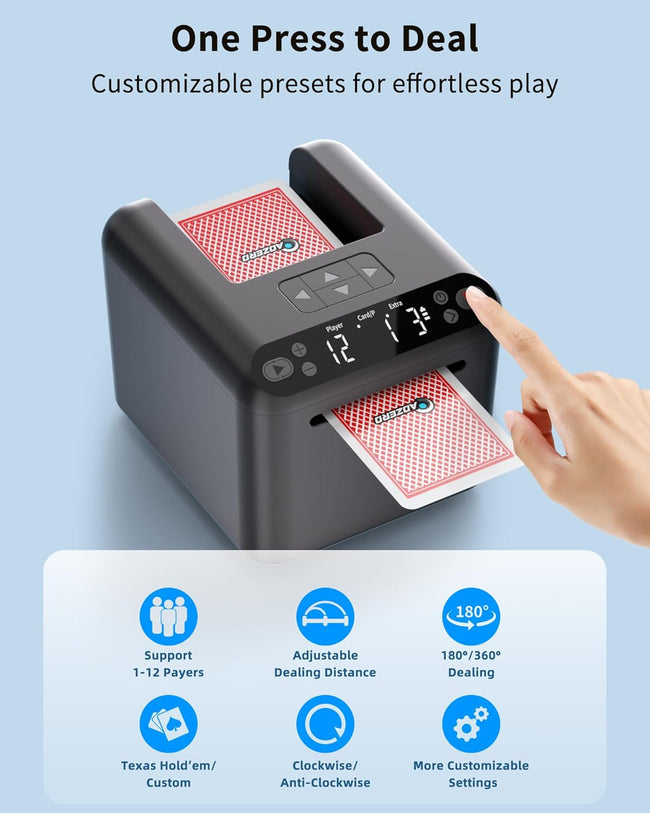Automatic Card Dealer Machine - Rechargeable for 1/2/3 Decks, 1-12 Players, Adjustable Dealing Distance, Quiet, 360° & 180° Rotation, Compatible with Poker, UNO, Bridge, Blackjack & More Main Image