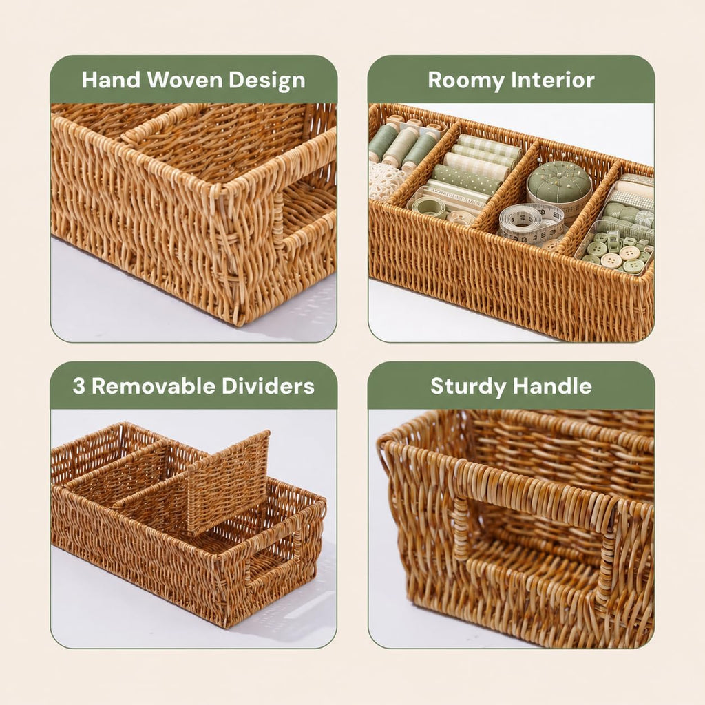 Rattan Pantry Organizer Baskets with Dividers - Set of 2