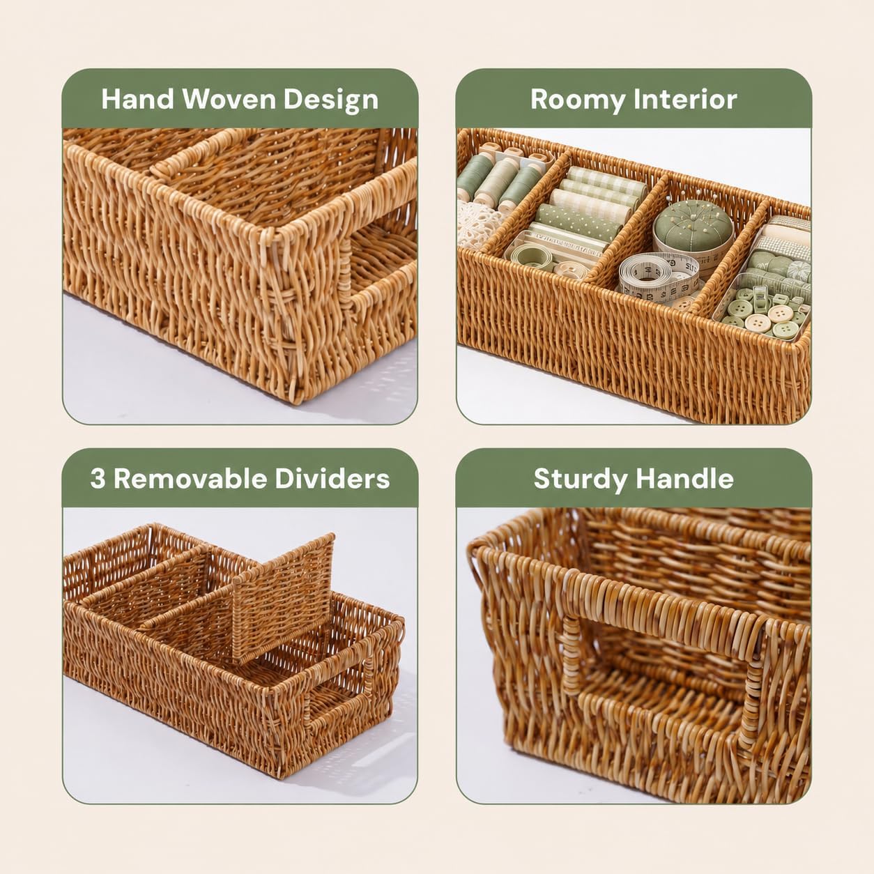 Rattan Pantry Organizer Baskets with Dividers - Set of 2