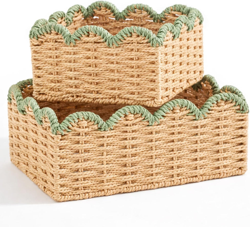Blue Scalloped Wicker Baskets - Set of 2