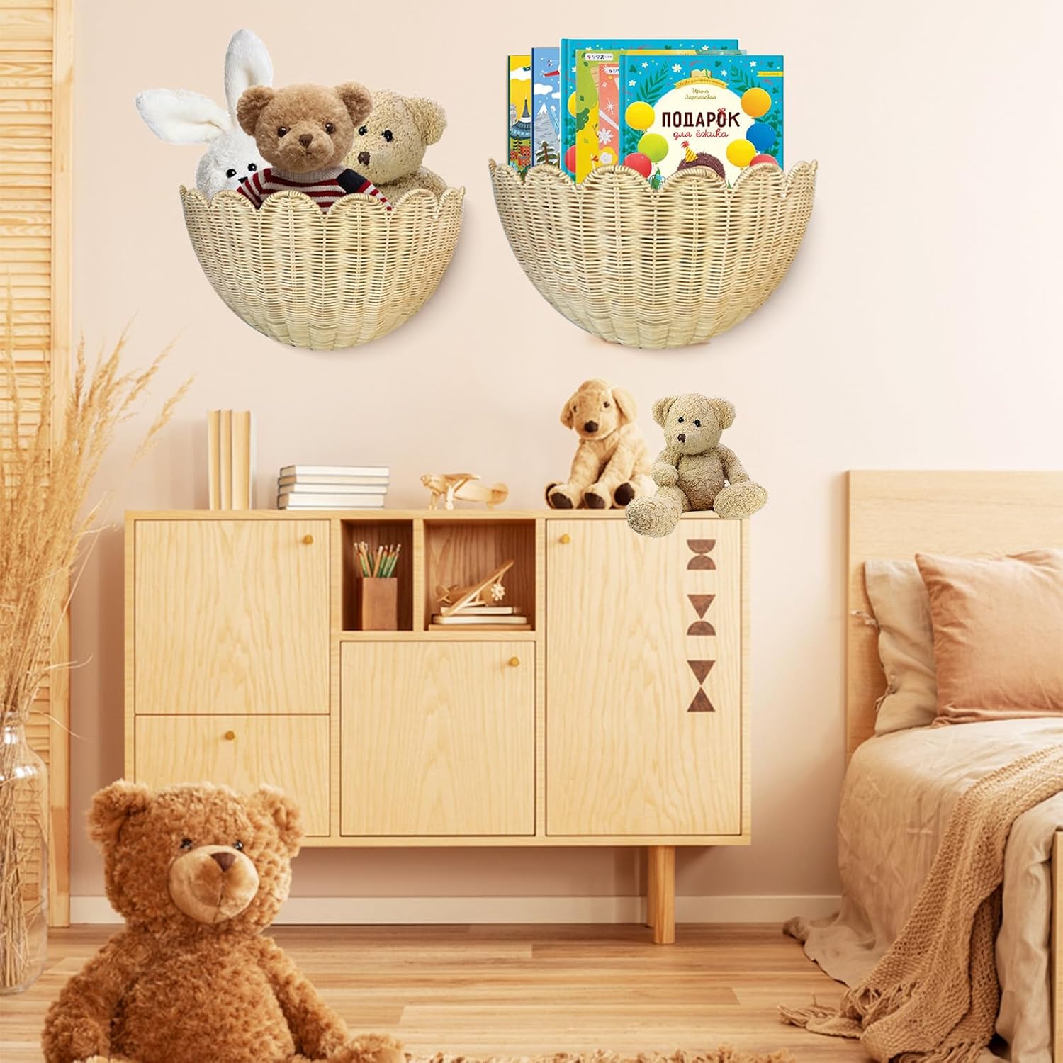 Cesta de pared festoneada - Juego de cestas de pared de mimbre colgantes tejidas a mano de 2 piezas