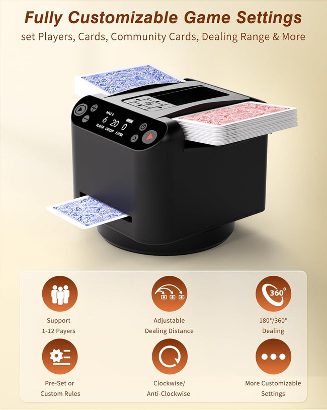 2-in-1 Automatic Card Shuffler and Dealer Machine with 4 Remotes for 1-2 Decks, USB-C Rechargeable, Supports 1-12 Players, Programmable, for Poker, UNO, Blackjack, Texas Holdem Main Image
