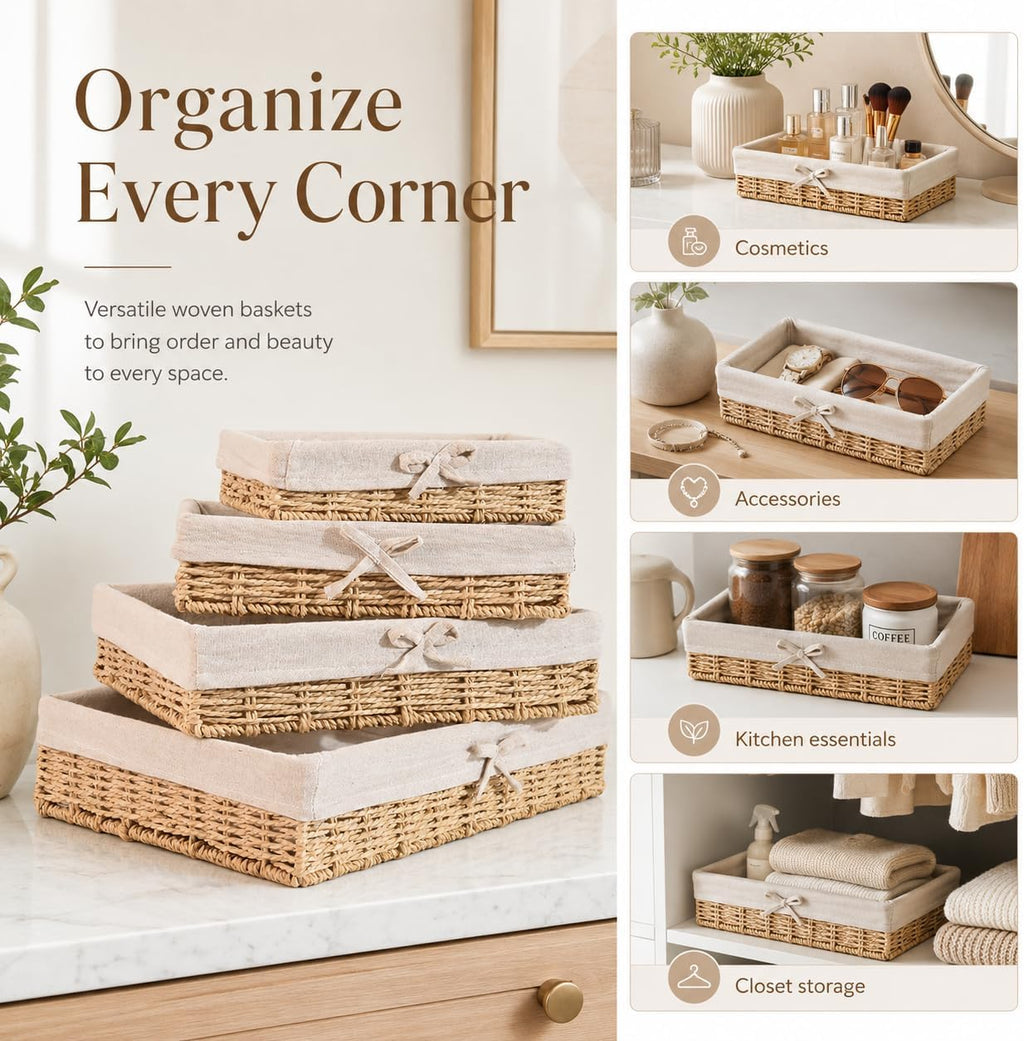 Lined Shelf Storage Baskets - Set of 4