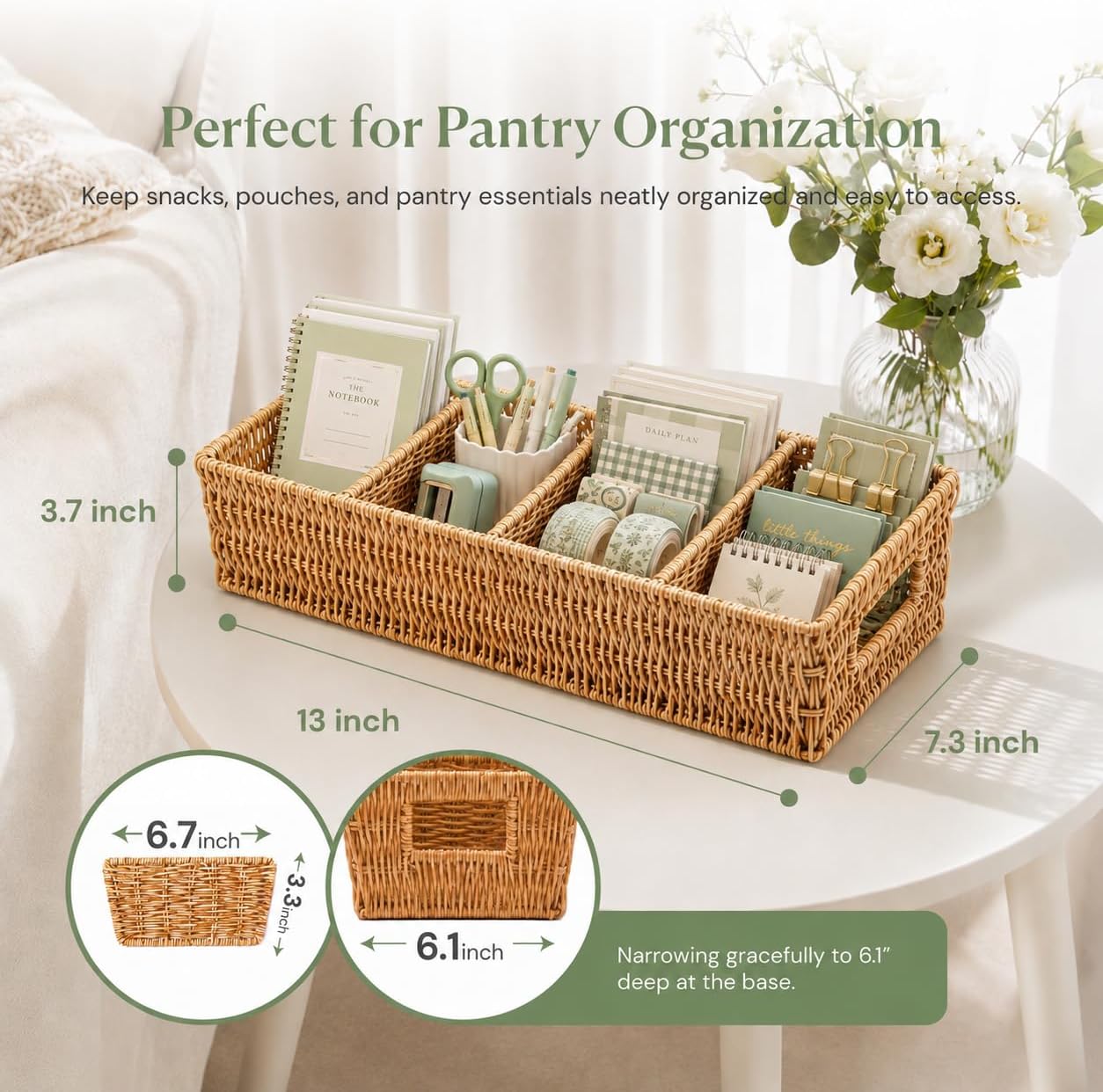 Rattan Pantry Organizer Baskets with Dividers - Set of 2