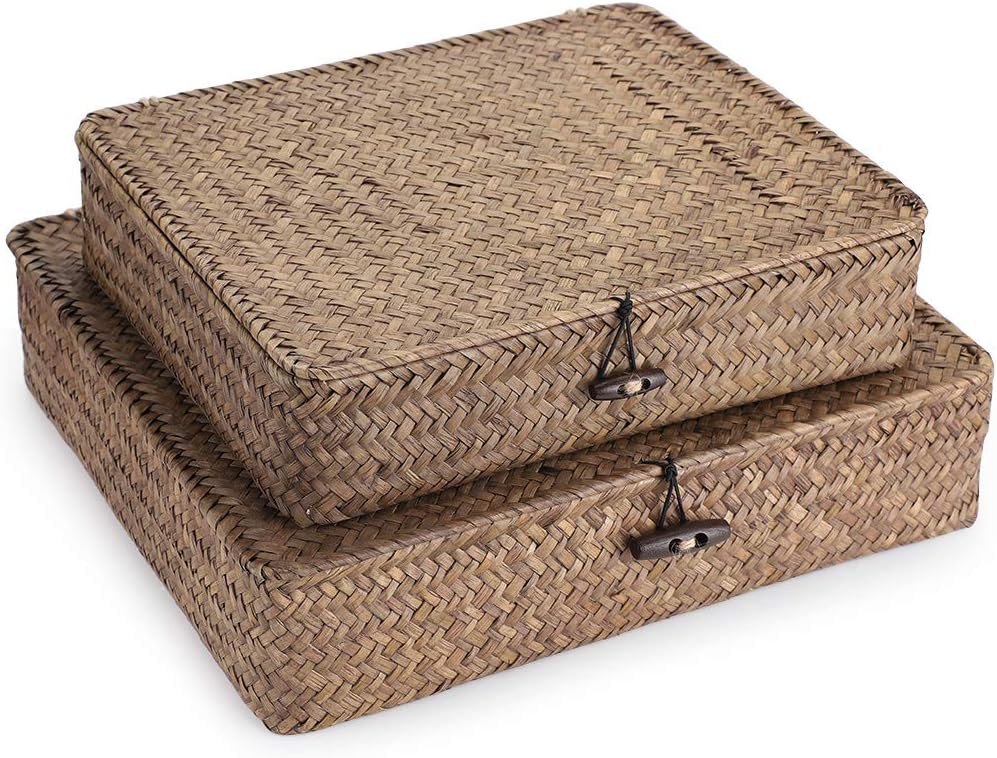 Flat Seagrass Storage Bins with Lids - Set of 2