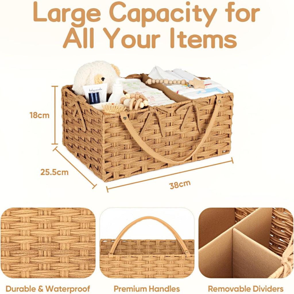 Diaper Caddy Organizer - Hand Rattan Nursery Storage Basket for Baby