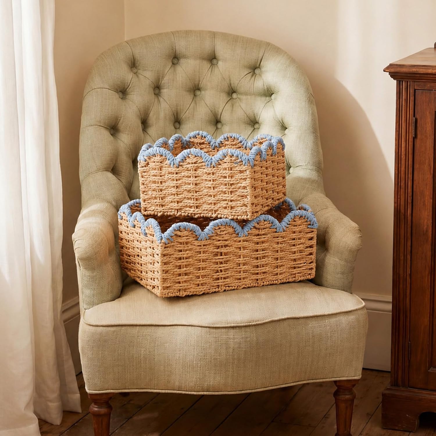 Blue Scalloped Wicker Baskets - Set of 2