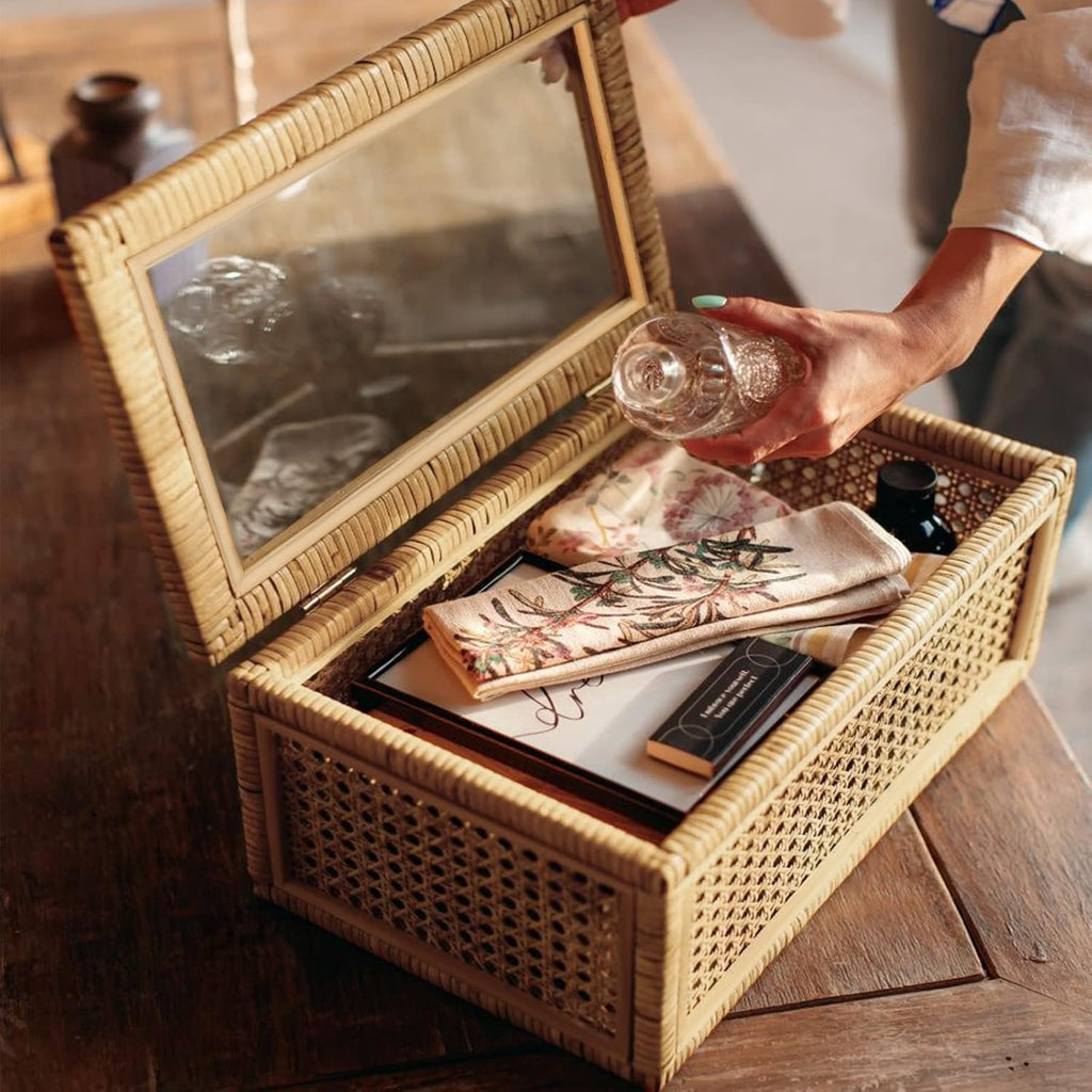Rattan Display Boxes with Glass Lids - Set of 2