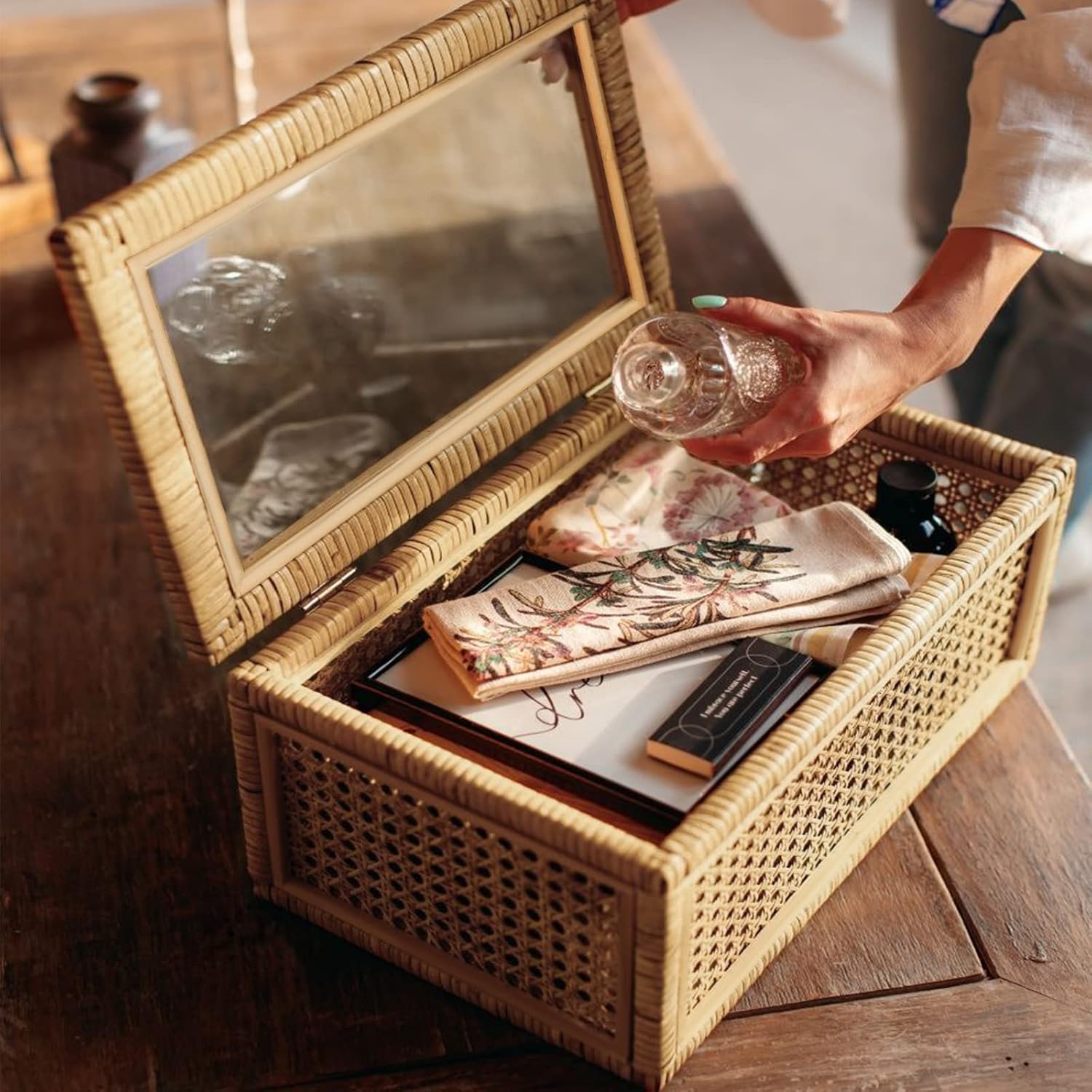 Rattan Display Boxes with Glass Lids - Set of 2