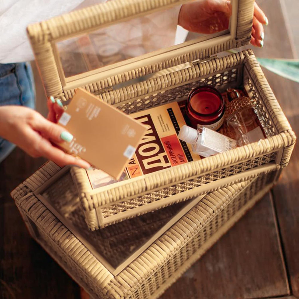Rattan Display Boxes with Glass Lids - Set of 2