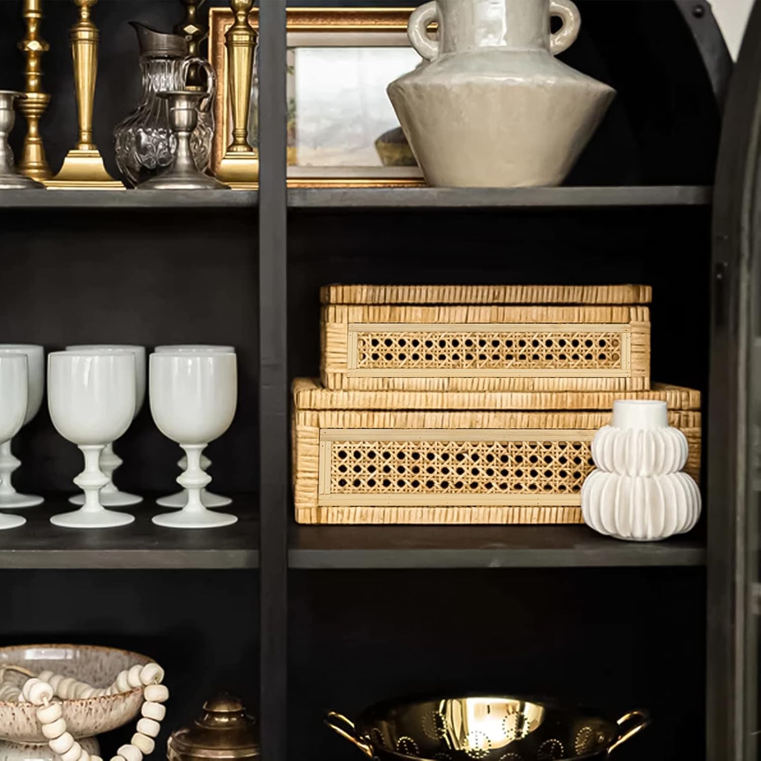 Rattan Display Boxes with Glass Lids - Set of 2