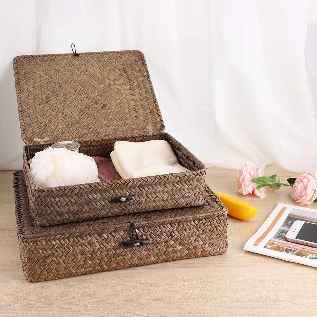 Flat Seagrass Storage Bins with Lids - Set of 2