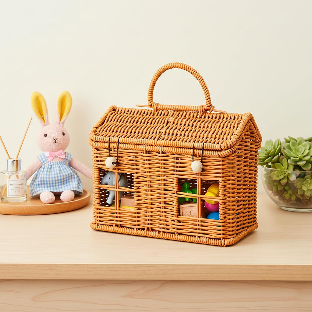 Small House-Shaped Rattan Basket with Lid