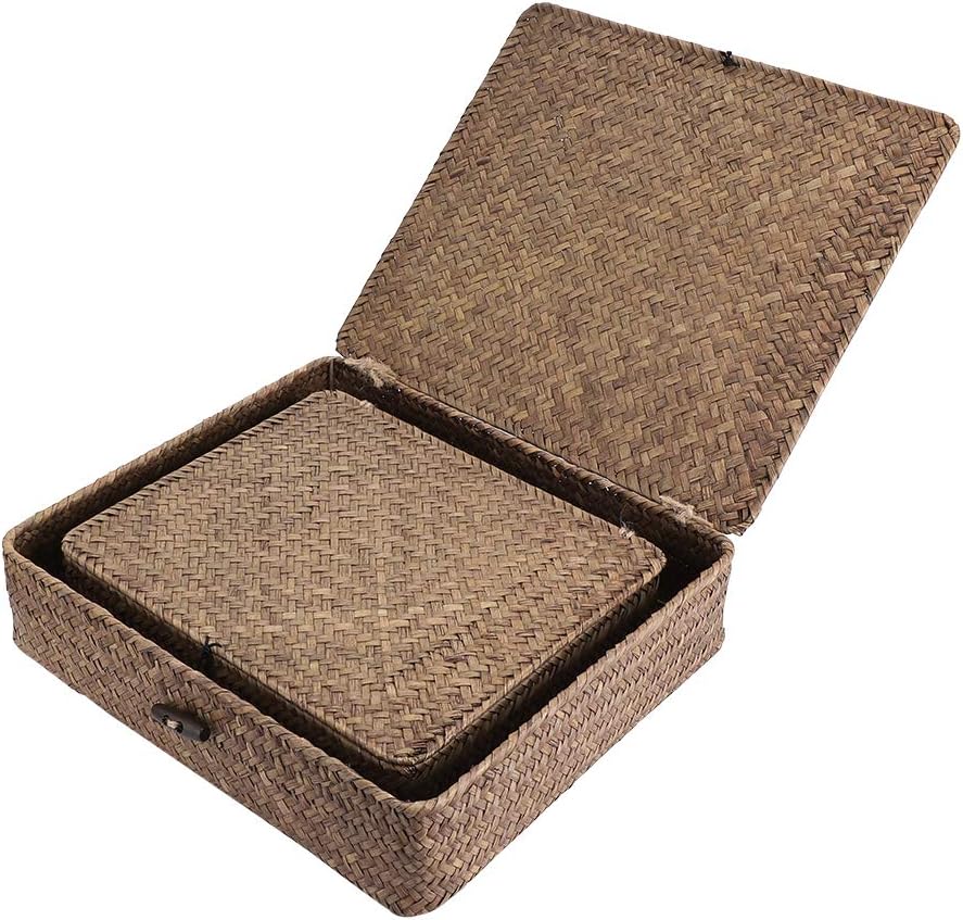 Flat Seagrass Storage Bins with Lids - Set of 2