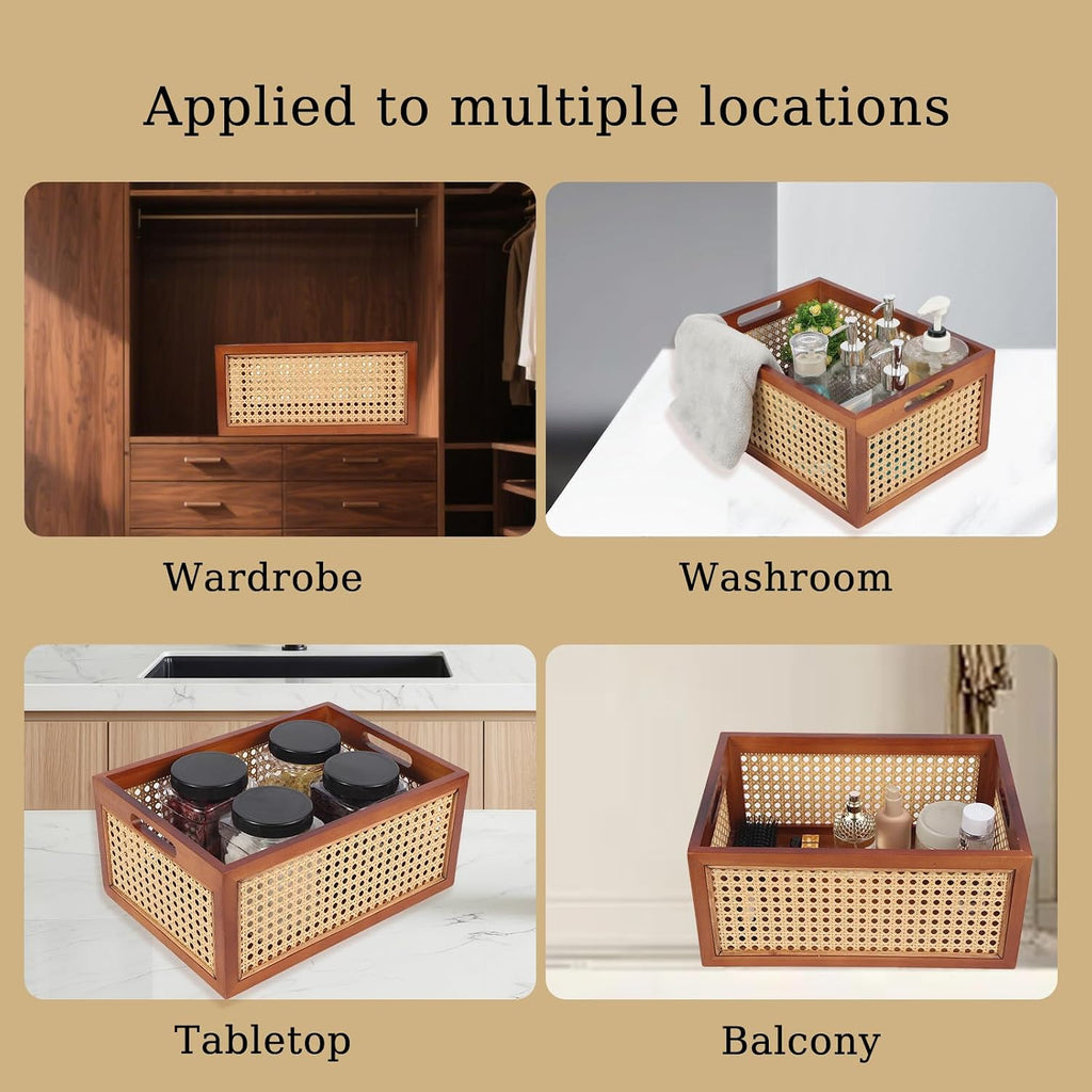 Wooden Storage Basket with Rattan Cane Webbing