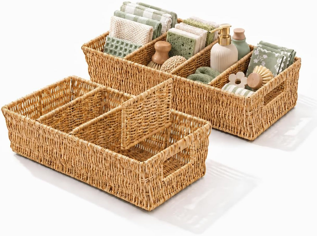 Rattan Pantry Organizer Baskets with Dividers - Set of 2