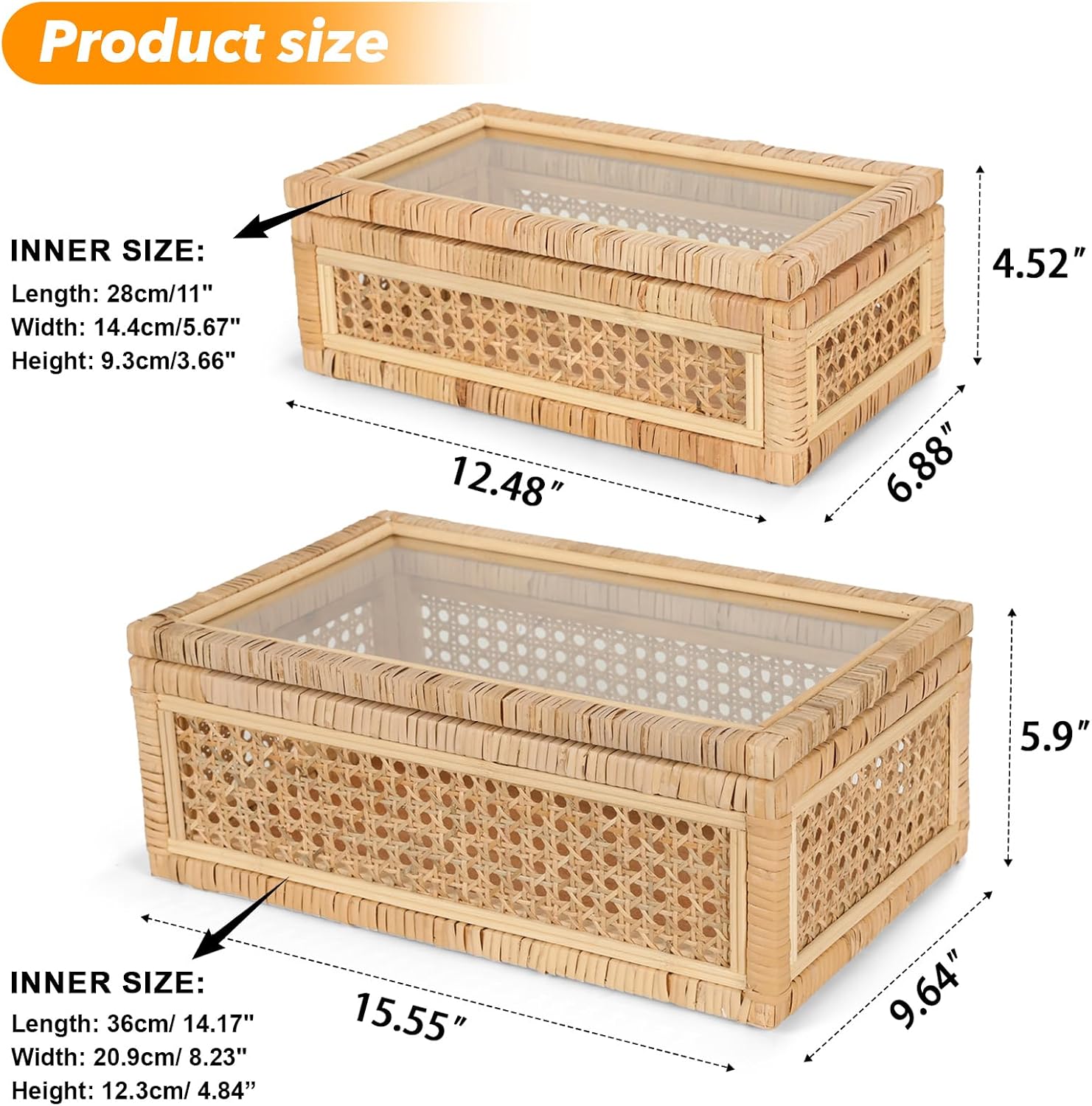 Rattan Display Boxes with Glass Lids - Set of 2