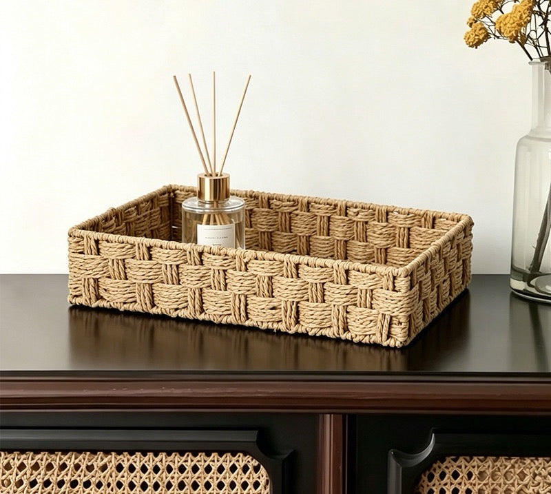 Set of 2 Woven Storage Baskets, Rectangular Organizer Trays for Bathroom, Vanity, Desk & Shelf-cc-091801