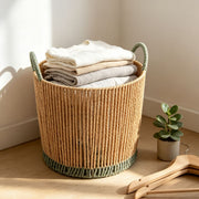 Round Woven Laundry Basket with Dark Green Handles & Trim, Handmade Rope Storage Basket for Clothes, Blankets & Bedroom Organizing -ZENG-091813