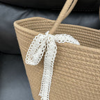 Summer Woven Tote Bag with Sunflower Decor & Lace Bow, Handmade Woven Shoulder Handbag for Beach Vacation Daily Shopping -ZENG-091603