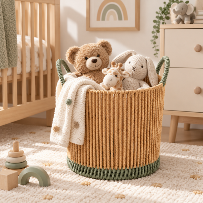 Round Woven Laundry Basket with Dark Green Handles & Trim, Handmade Rope Storage Basket for Clothes, Blankets & Bedroom Organizing -ZENG-091813 Hover Image