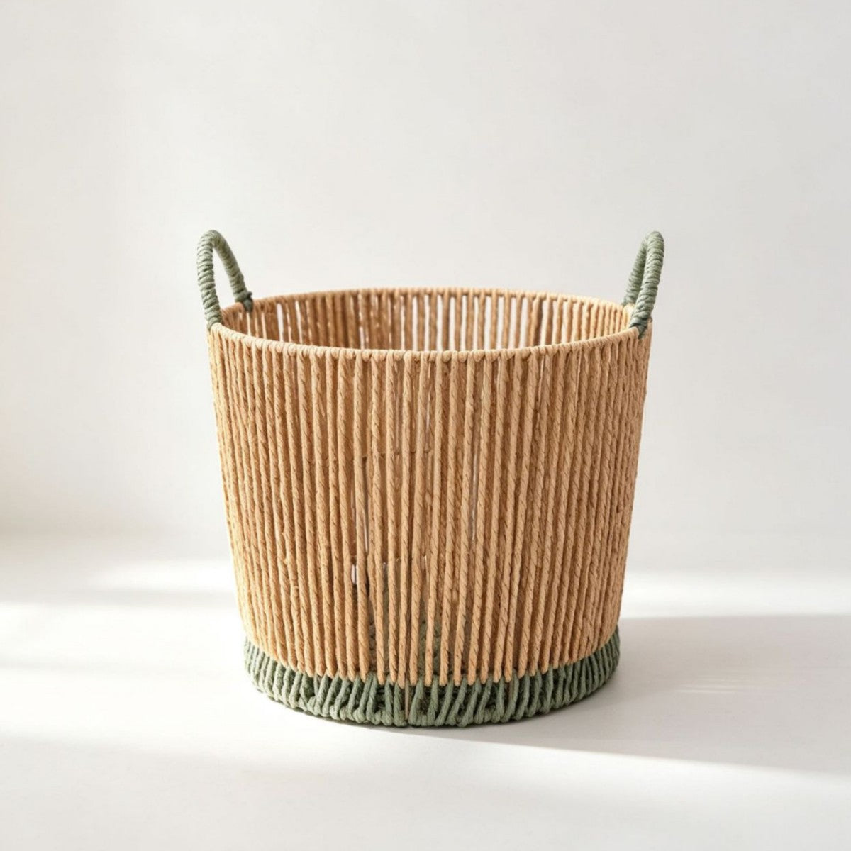 Round Woven Laundry Basket with Dark Green Handles & Trim, Handmade Rope Storage Basket for Clothes, Blankets & Bedroom Organizing -ZENG-091813