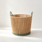 Round Woven Laundry Basket with Dark Green Handles & Trim, Handmade Rope Storage Basket for Clothes, Blankets & Bedroom Organizing -ZENG-091813