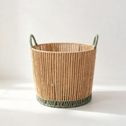 Round Woven Laundry Basket with Dark Green Handles & Trim, Handmade Rope Storage Basket for Clothes, Blankets & Bedroom Organizing -ZENG-091813