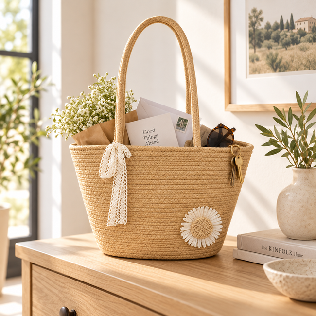 Summer Woven Tote Bag with Sunflower Decor & Lace Bow, Handmade Woven Shoulder Handbag for Beach Vacation Daily Shopping -ZENG-091603 Main Image