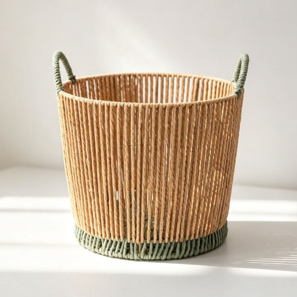 Round Woven Laundry Basket with Dark Green Handles & Trim, Handmade Rope Storage Basket for Clothes, Blankets & Bedroom Organizing -ZENG-091813