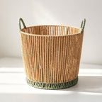 Round Woven Laundry Basket with Dark Green Handles & Trim, Handmade Rope Storage Basket for Clothes, Blankets & Bedroom Organizing -ZENG-091813