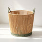 Round Woven Laundry Basket with Dark Green Handles & Trim, Handmade Rope Storage Basket for Clothes, Blankets & Bedroom Organizing -ZENG-091813