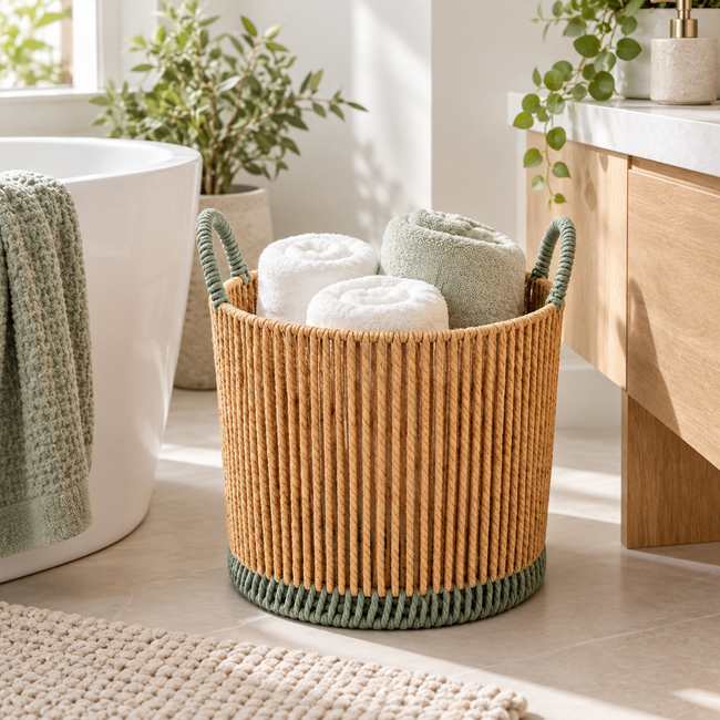 Round Woven Laundry Basket with Dark Green Handles & Trim, Handmade Rope Storage Basket for Clothes, Blankets & Bedroom Organizing -ZENG-091813 Main Image