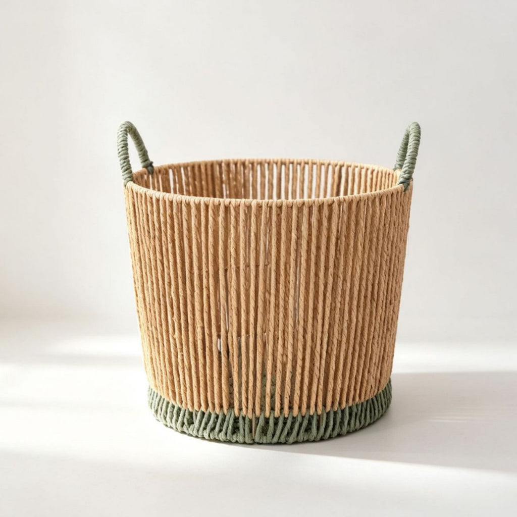 Round Woven Laundry Basket with Dark Green Handles & Trim, Handmade Rope Storage Basket for Clothes, Blankets & Bedroom Organizing -ZENG-091813
