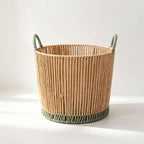 Round Woven Laundry Basket with Dark Green Handles & Trim, Handmade Rope Storage Basket for Clothes, Blankets & Bedroom Organizing -ZENG-091813