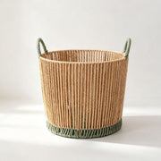 Round Woven Laundry Basket with Dark Green Handles & Trim, Handmade Rope Storage Basket for Clothes, Blankets & Bedroom Organizing -ZENG-091813