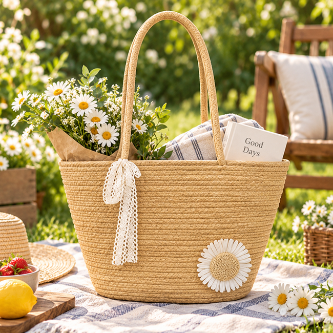 Summer Woven Tote Bag with Sunflower Decor & Lace Bow, Handmade Woven Shoulder Handbag for Beach Vacation Daily Shopping -ZENG-091603 Hover Image