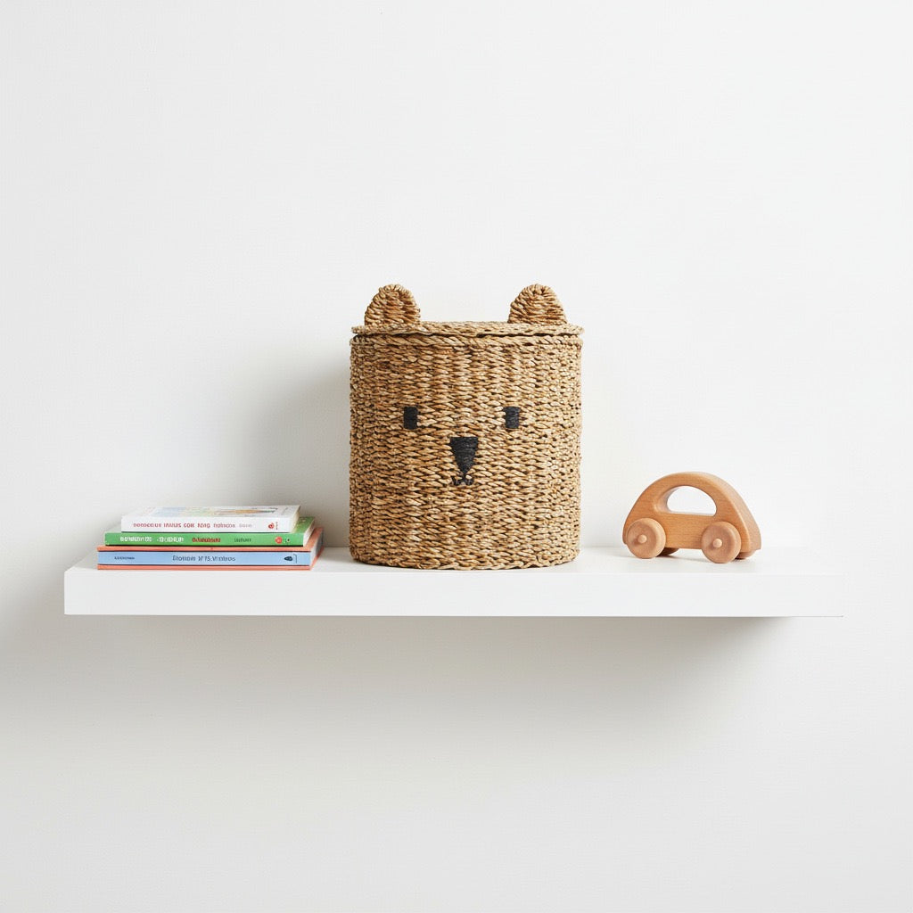 Cute Bear Woven Storage Basket with Lid – Kids Room Toy & Nursery Organizer