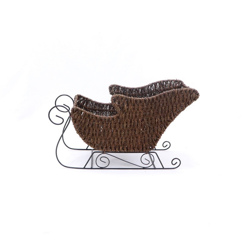 Natural Rattan Christmas Sleigh Basket – Handwoven Holiday Gift & Decorative Storage Basket with Metal Runners-cc-091707
