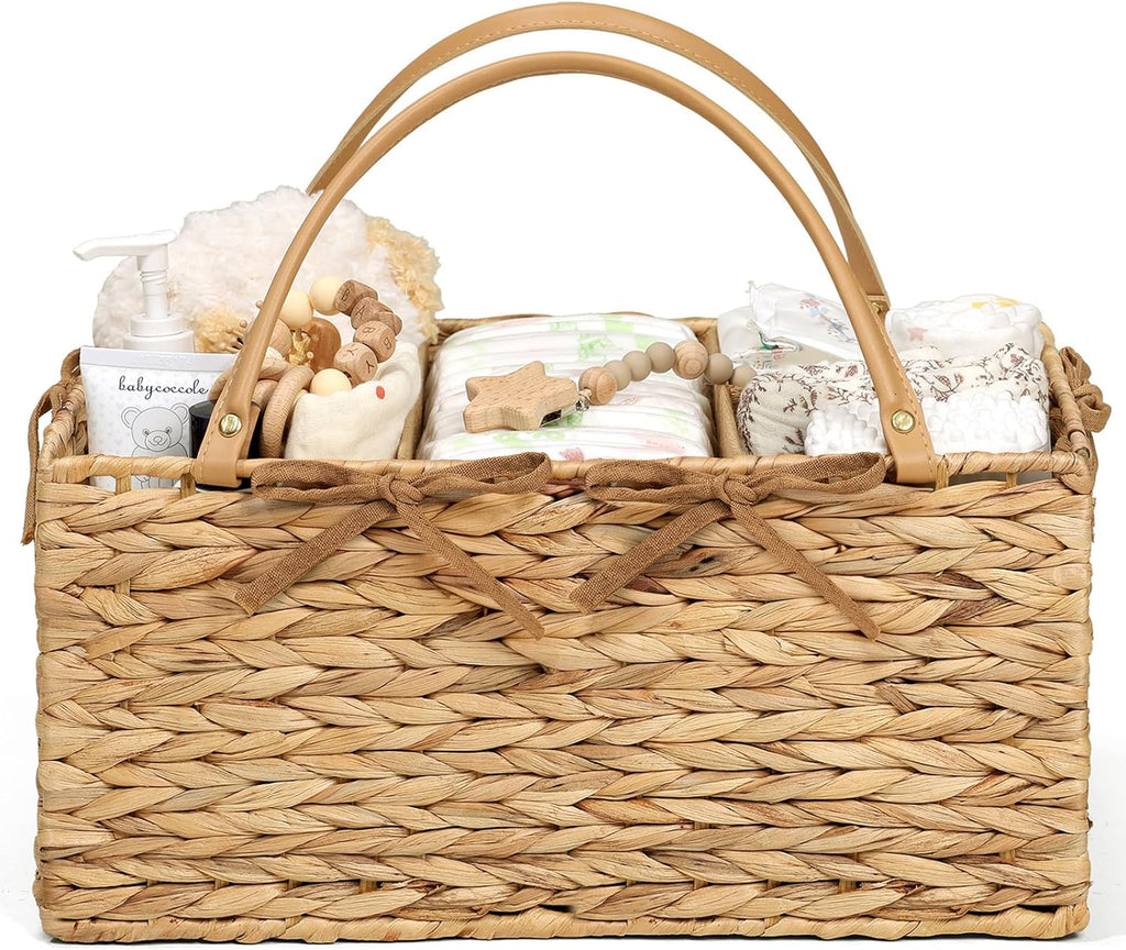 Diaper Caddy Organizer - Hand Rattan Nursery Storage Basket for Baby