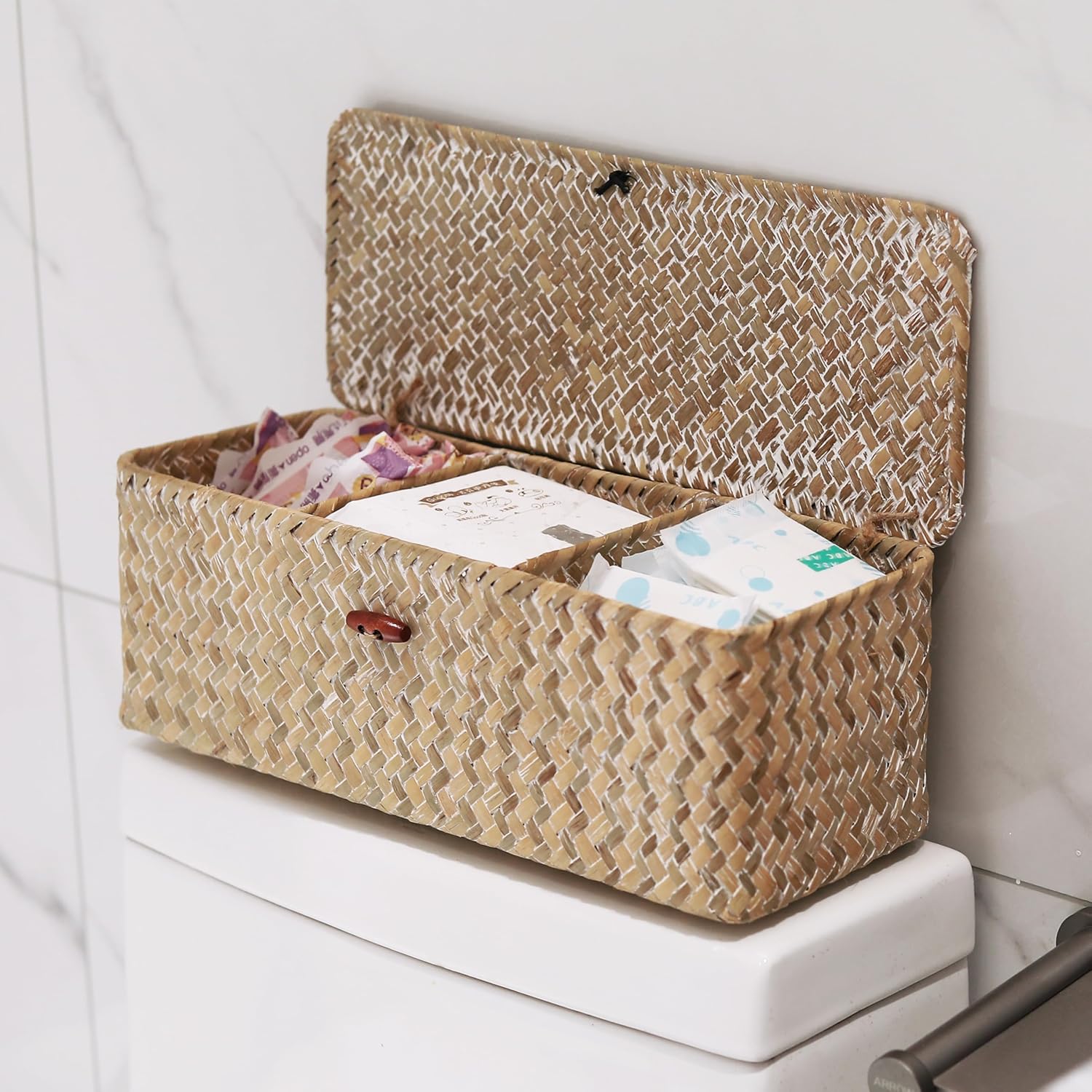 Whitewashed Seagrass Toilet Tank Basket with Lid