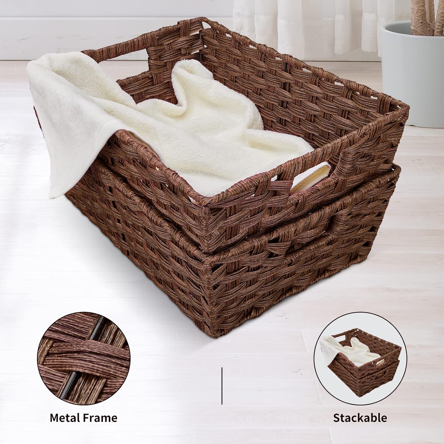 Large Waterproof Wicker Storage Baskets - Set of 2